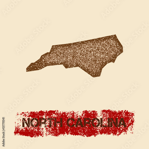 Grunge patriotic poster with textured state ink stamp and roller paint mark, vector illustration of North Carolina distressed map.