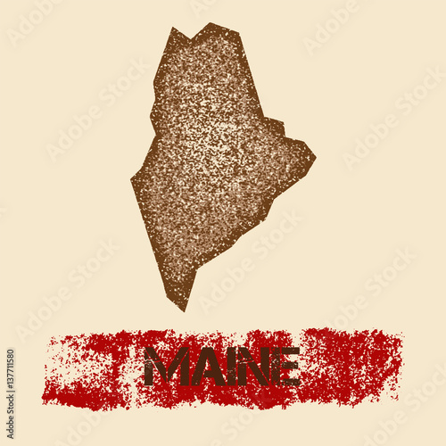 Maine distressed map. Grunge patriotic poster with textured state ink stamp and roller paint mark, vector illustration.