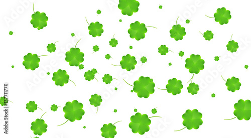 Saint Patrick's Day banner. Clover flying leaves background. Four leaf clover leaves