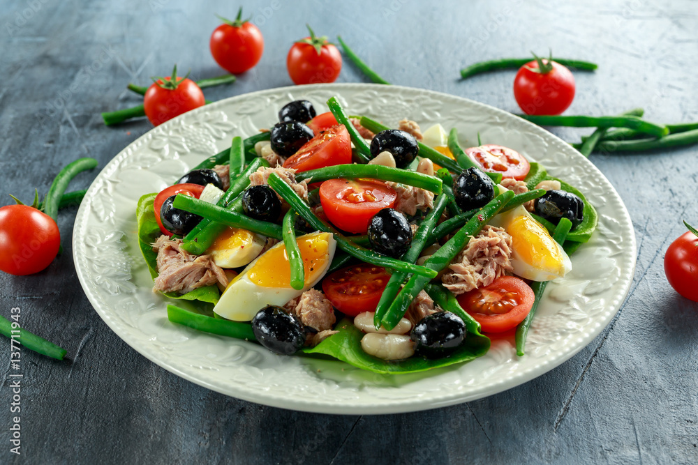 Fresh Tuna Green Bean salad with eggs, tomatoes, beans, olives on white plate. concept healthy food