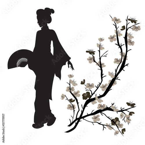 Asian woman and Chinese Plum tree. Silhouette of a geisha and Chinese Plum tree. Beautiful japanese girl. Hand drawn illustration. Isolated.