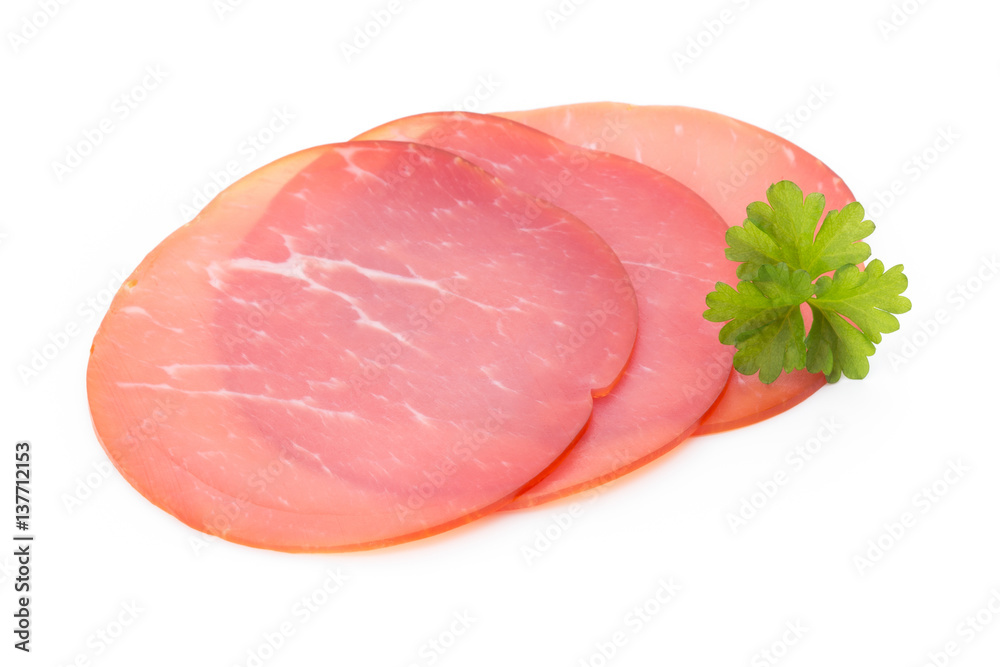 Pork ham slices isolated on white background.