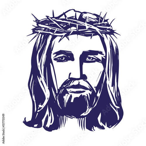 Jesus Christ, the Son of God in a crown of thorns on his head, a symbol of Christianity hand drawn vector illustration realistic sketch