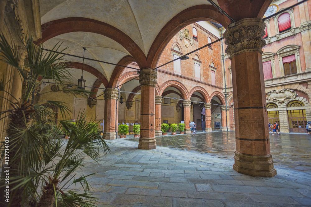 Courtyard of the Palazzo Comunale in Bologna. Italy