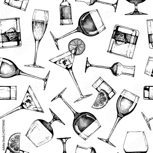 Seamless pattern with different glasses goblets