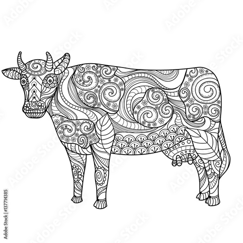 Fototapeta Naklejka Na Ścianę i Meble -  Cow on white background. Farm animal. Freehand sketch for adult anti stress coloring book page with doodle and zentangle elements.
