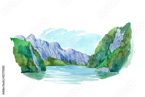 Canvas Print Natural summer landscape mountains and lake watercolor illustration