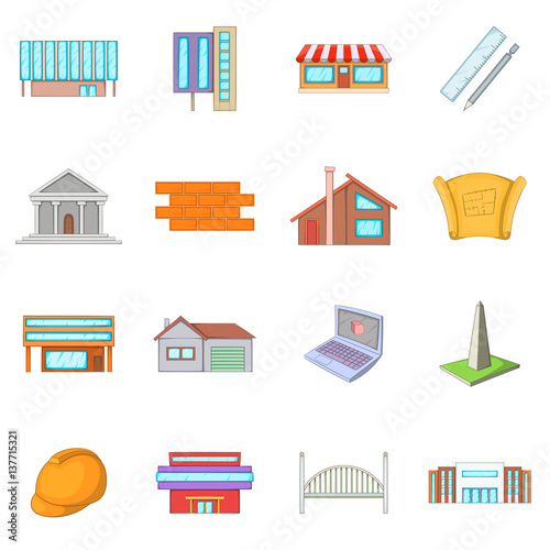 Architecture items icons set, cartoon style
