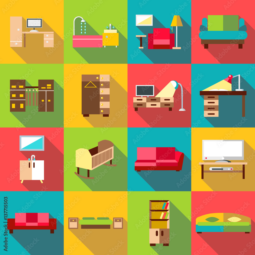 Home interior icons set, flat style Home interior icons set, flat style