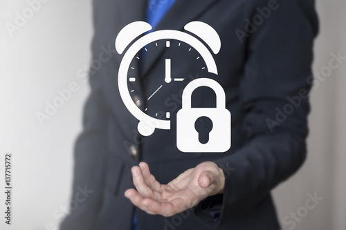 Time management business security planning web concept. Alarm clock lock icon. Secure strategy internet technology