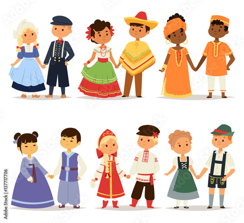 Traditional kids couples character of world dress girls and boys in different national costumes and cute little children nationality dress vector illustration.