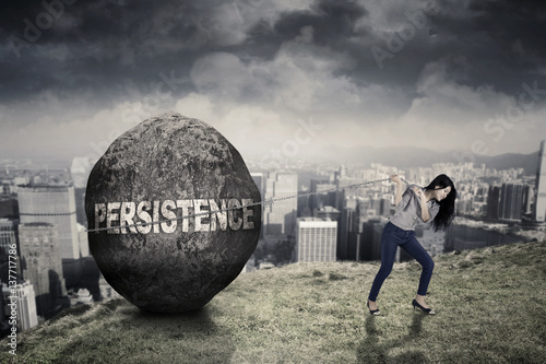 Female entrepreneur with persistence word on the hill