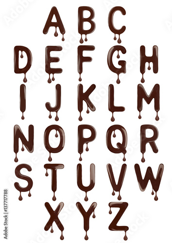 Original stylish latin alphabet made of melted chocolate on white background