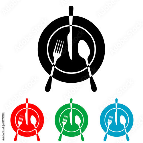 Icono plano plato y cubiertos en varios colores