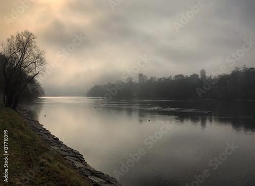 Misty foggy river in the morning