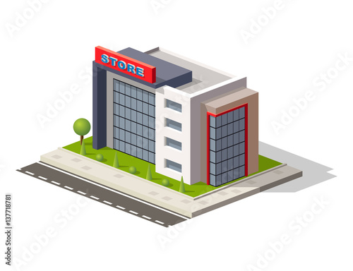 Vintage market store street view with modern supermarket shopping mall isometric icons set abstract isolated vector illustration