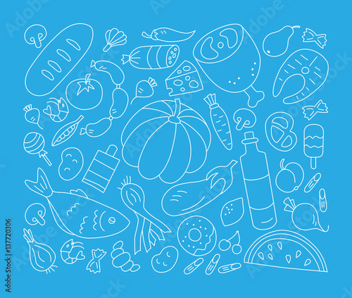 Food. Set of elements in doodle and cartoon style. Blue
