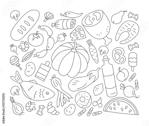 Food. Set of elements in doodle and cartoon style. Black and white