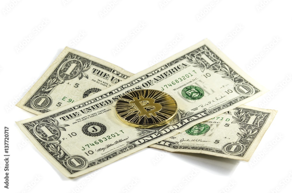 Single shiny gold Bitcoin coin with US dollars on white background Single shiny gold Bitcoin coin with US dollars on white background