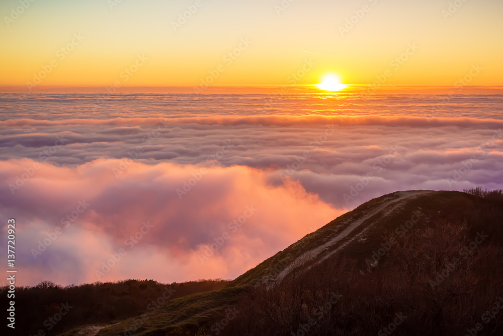 Beautiful colorful sunset and clouds. Sunset in mountains