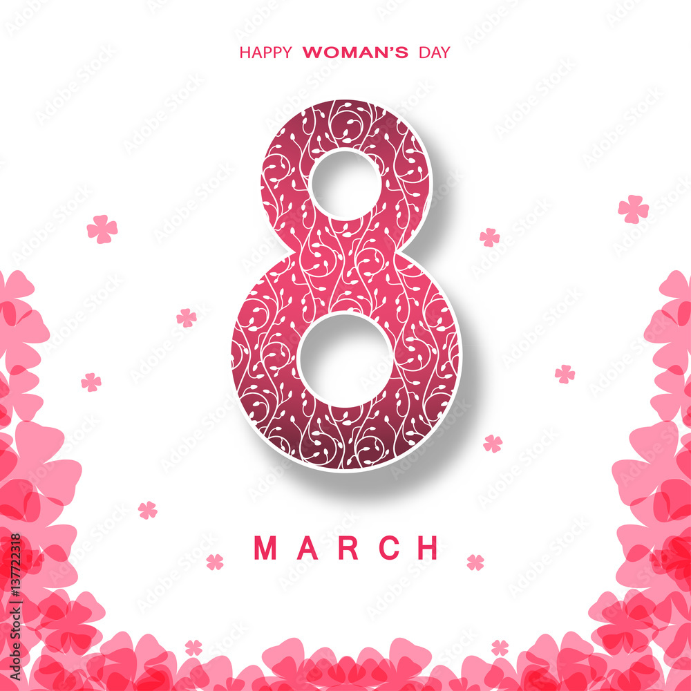 Vector poster for 8 of March Woman's Day on the white background with number shape, pink abstract pattern from clover leaves shapes, shadow and text.
