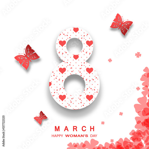 Vector 8 of March Woman's Day on the white background with floral pattern, text and red butterflies different size.