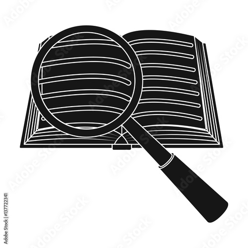 Seraching of information in the book icon in black style isolated on white background. Library and bookstore symbol stock vector illustration.