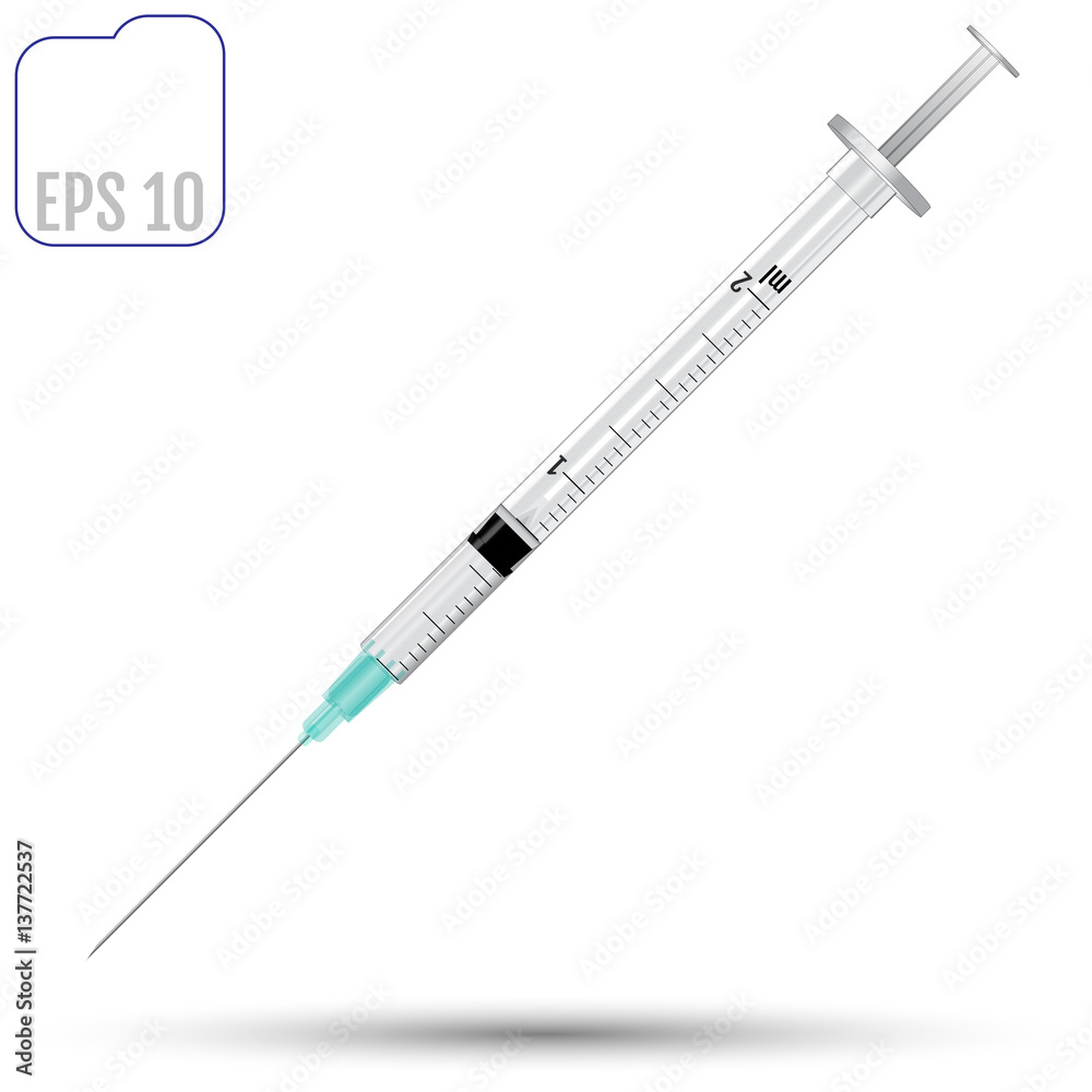 Fairly standard design single use syringe isolated over white background. Realistic vector syringe.