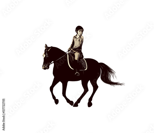 Young rider on a galloping horse, equestrian illustration on a white background, show jumping