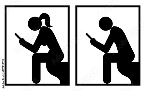 Vector Illustration Of Restroom Signs With A Woman And A Man Holding Self Phones.