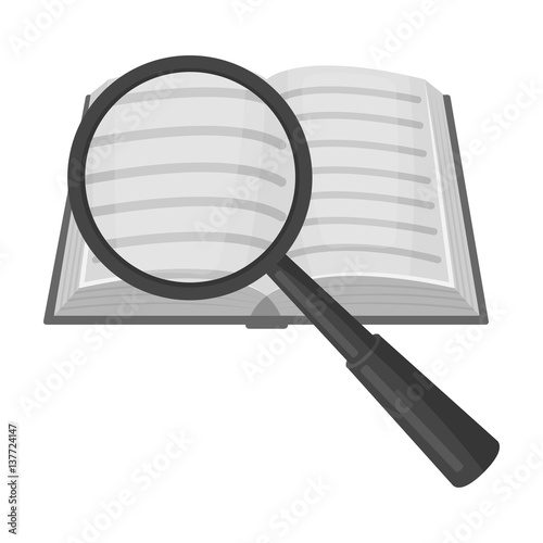 Seraching of information in the book icon in monochrome style isolated on white background. Library and bookstore symbol stock vector illustration.