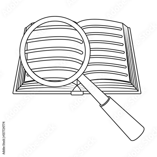 Seraching of information in the book icon in outline style isolated on white background. Library and bookstore symbol stock vector illustration.