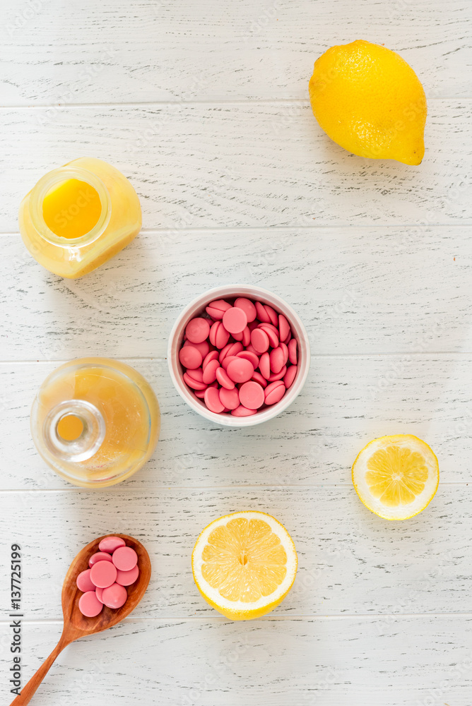 cooking lemon cake top view on wooden background