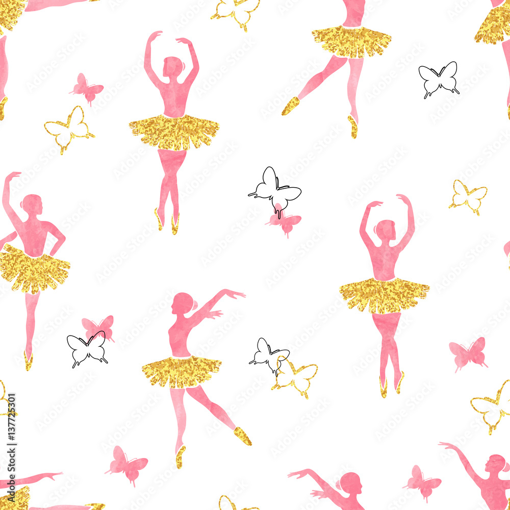Fototapeta Bezszwowy wzór z dancingowymi ballerinas i motylami w akwareli menchii i błyskotliwych złocistych kolorach. Ilustracji wektorowych.