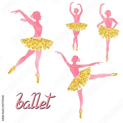 Vector set of of ballerinas in watercolor pink and glittering gold colors. Poses of ballet. 