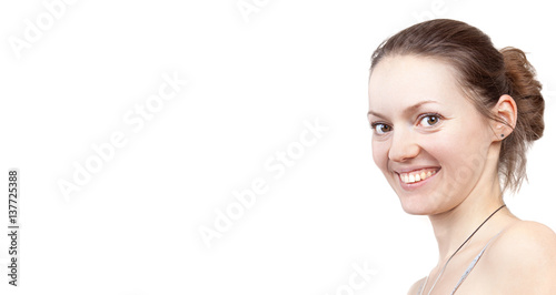Portrait of happy smiling beautiful young woman, isolated over white