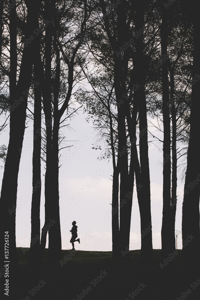 silhuette of the athlete nunning through the forest. silhuette of the athlete nunning through the forest.