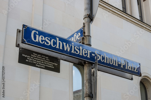 Street sign of the Geschwister-Scholl-Platz in Munich, Germany, 2015 photo