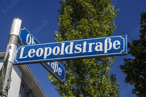 Street sign of the Leopoldstraße in Munich, Germany, 2015