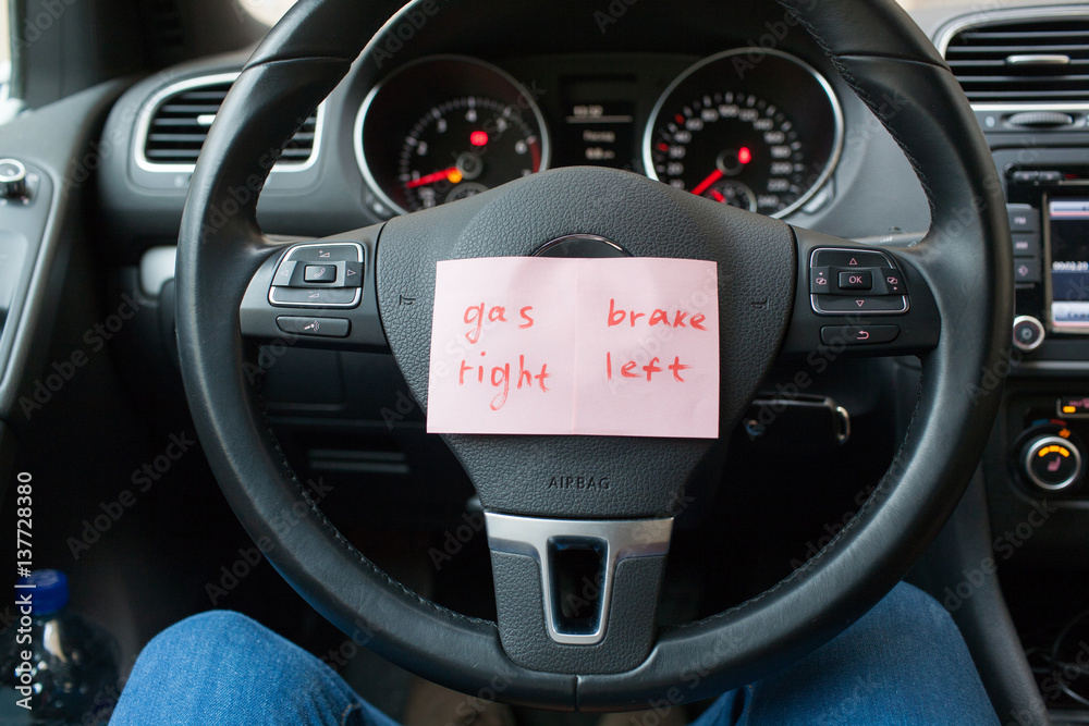 sheets of paper with a reminder where the gas, and where to brake the car