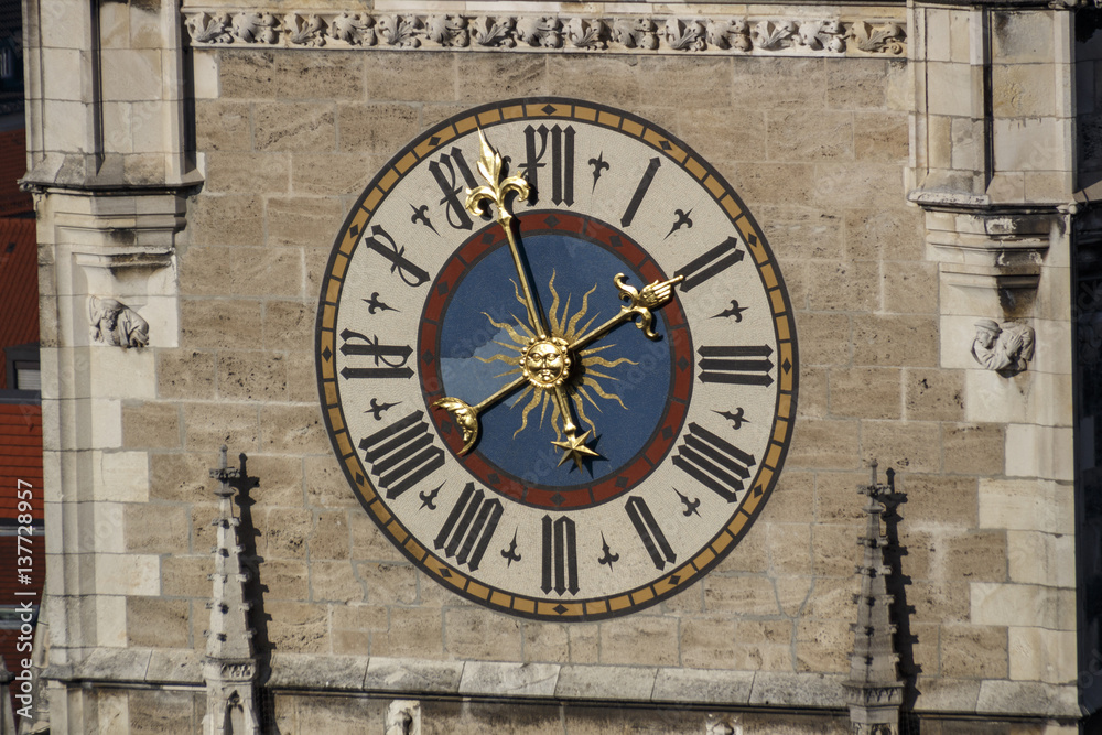 Clock of the New City Hall of Munich at Marienplatz, Germany, 2015 Clock of the New City Hall of Munich at Marienplatz, Germany, 2015