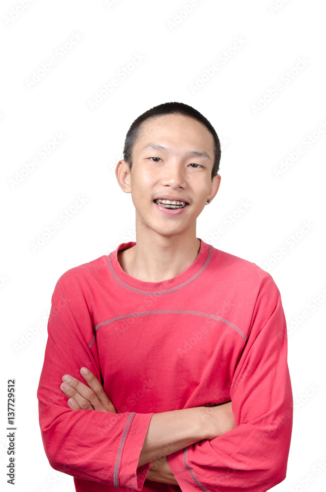 Portrait of a young Asian man wearing red t-shirt isolated on white Portrait of a young Asian man wearing red t-shirt isolated on white