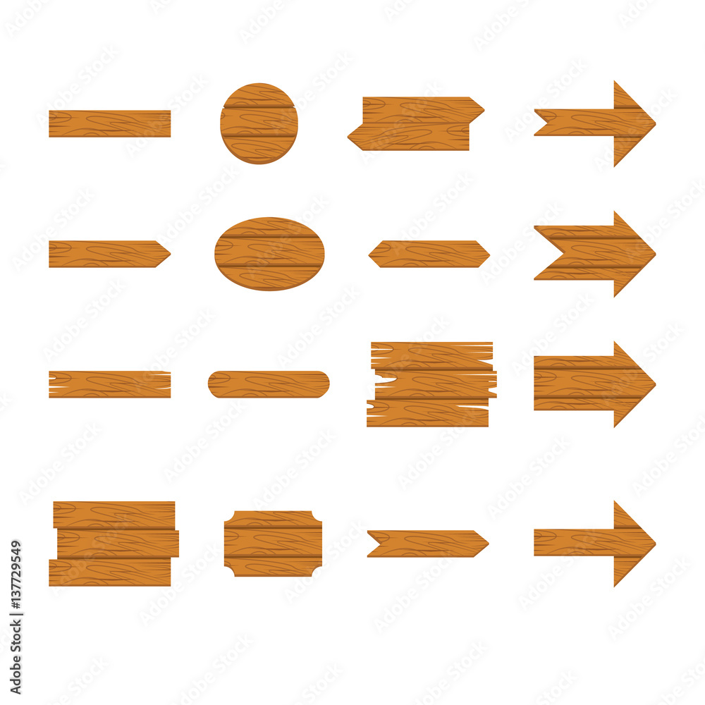 Wooden sign and arrow icon set isolated on white background Wooden sign and arrow icon set isolated on white background