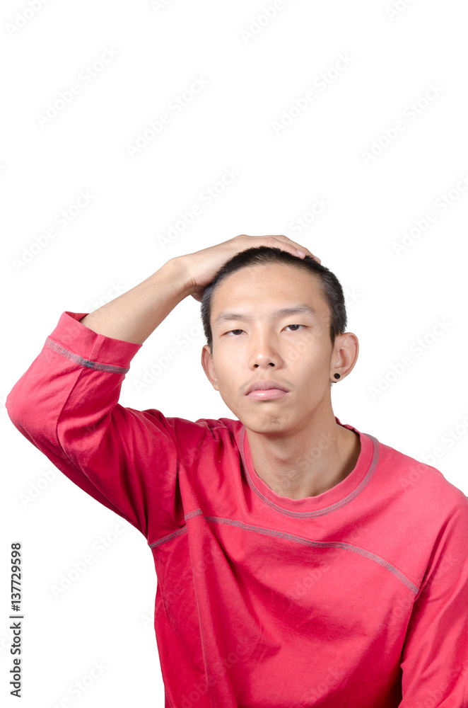Unhappy Asian young man Isolated on white