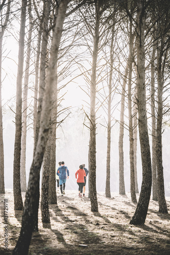 A group of athletes running in the forest.