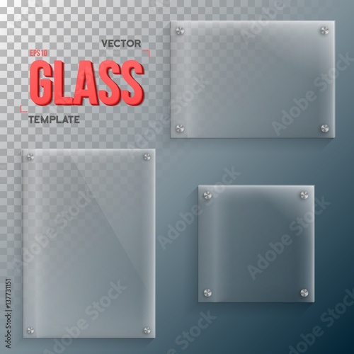 Illustration of Realistic Vector Glass Frame Template Set. EPS10 Vector Plastic Plate Set Isolated on Transparent Background
