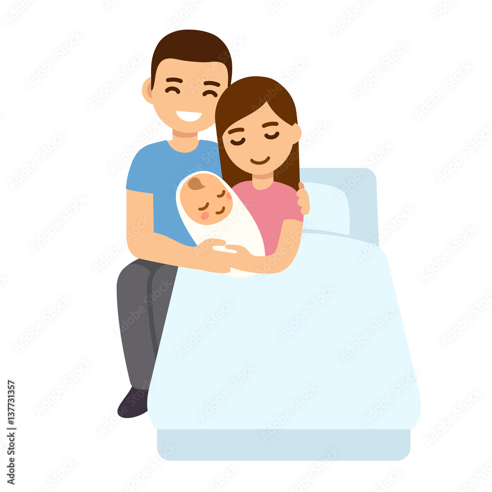 Parents with newborn in hospital bed