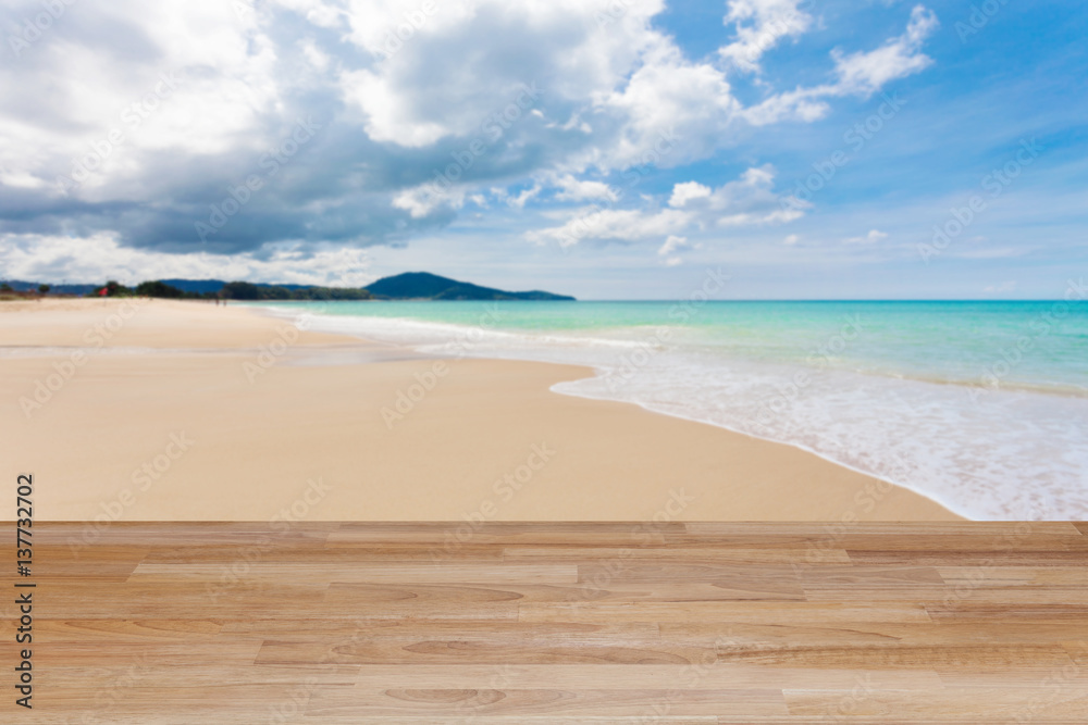 Wood table floor on beach , tropical sea scenery background. Wood table floor on beach , tropical sea scenery background.