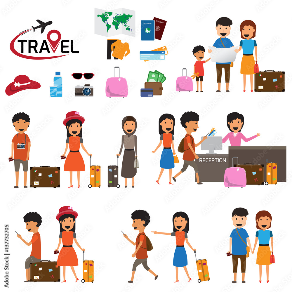 Travel and tourism infographic elements and icon set. The people travels the world with a suitcase. Trip vector flat stock design. Family travel. Father mother and son. vector illustration.