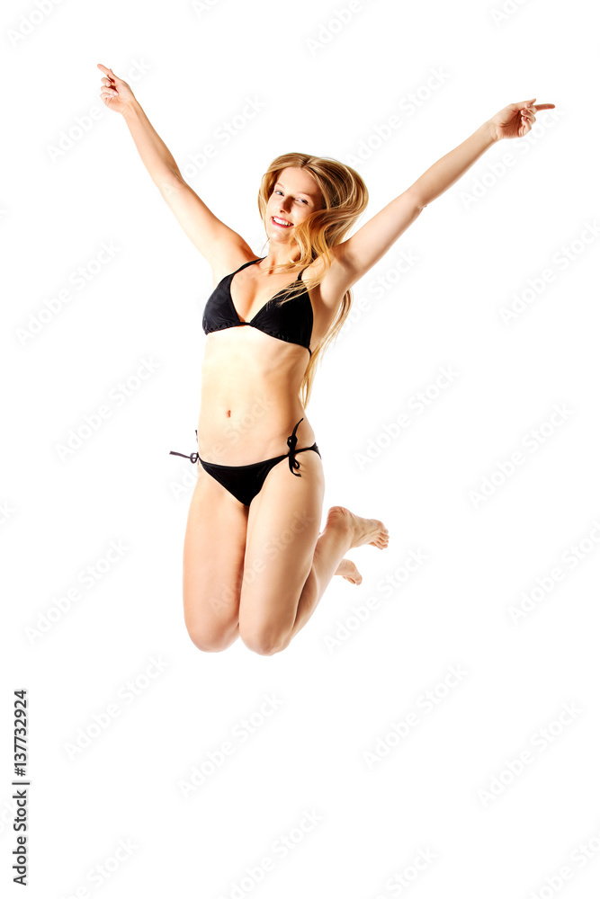 Beautiful smiling woman in bikini on white background Beautiful smiling woman in bikini on white background